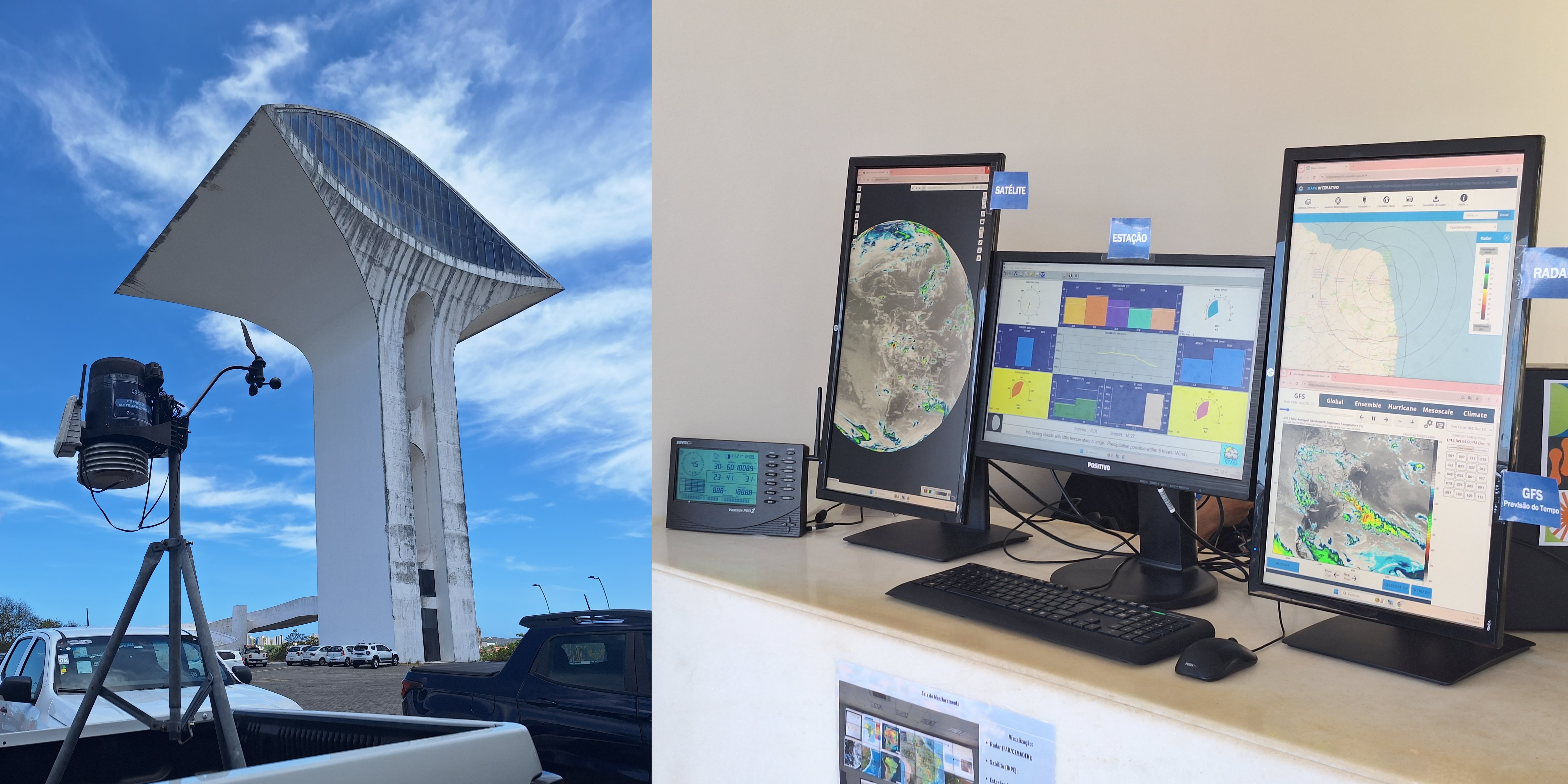 Foto da estação Davis no parque da cidade e do exemplo de piloto da sala de monitoramento